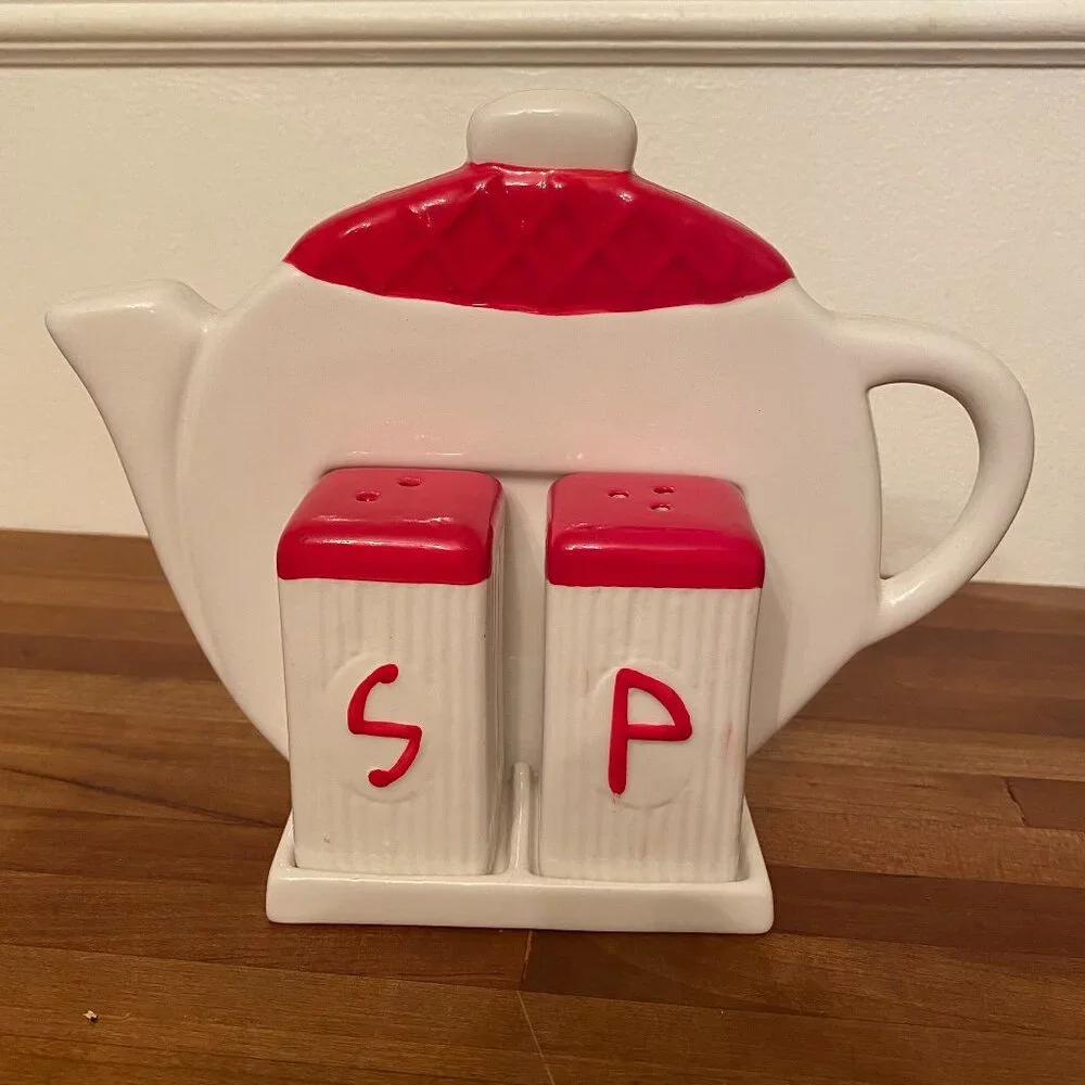 Salt and Pepper Shaker with Teapot Stand Tabletop or Wall Mount Display Ceramic